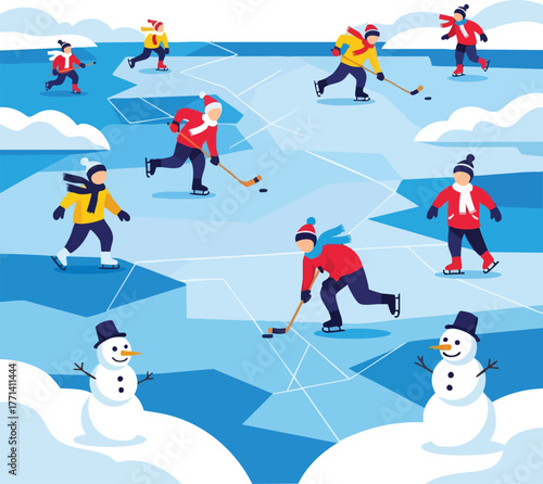 Diverse Group Playing Ice Hockey Outdoors on a Frozen Lake With Snowmen and Cloudy Sky