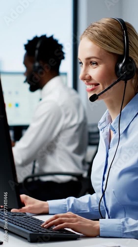 Smiling woman with headset working on a computer in a call center, another worker in background