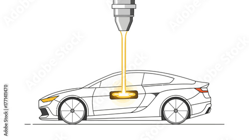 A white car with a yellow beam of light shining into its side