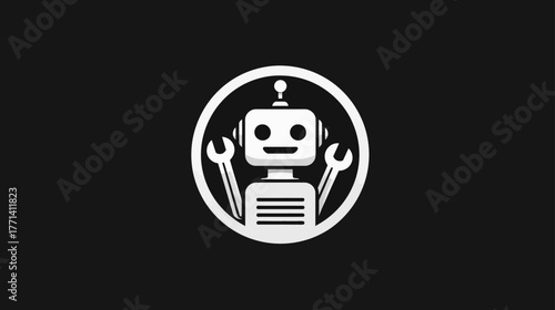 Modern robot with wrenches in circular emblem on black background, symbolizing AI, technology, repair, and service automation
