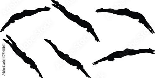 Diving silhouette, athlete motion, sports action, human figure, black shape, dynamic pose, rotation, movement, flexibility, performance, underwater, streamlined, body control, artistic dive, 