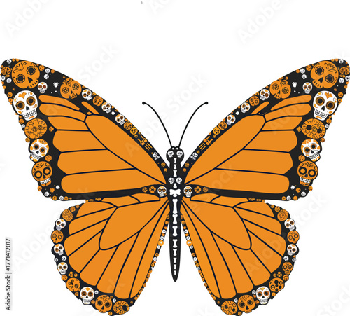 Monarch Butterfly with Sugar Skull Pattern. Día de Muertos Monarch Skeleton Vector Illustration.