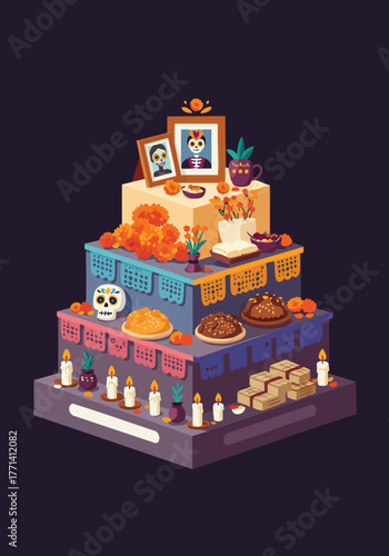 Isometric Ofrenda Altar Illustration. Día de Muertos Festival 3D Scene with Calavera and Marigolds