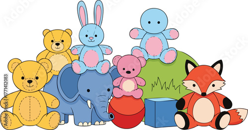 Group Of Stuffed Toys Including Bears Elephant Bunny Fox And Other Animals For Kids Playtime