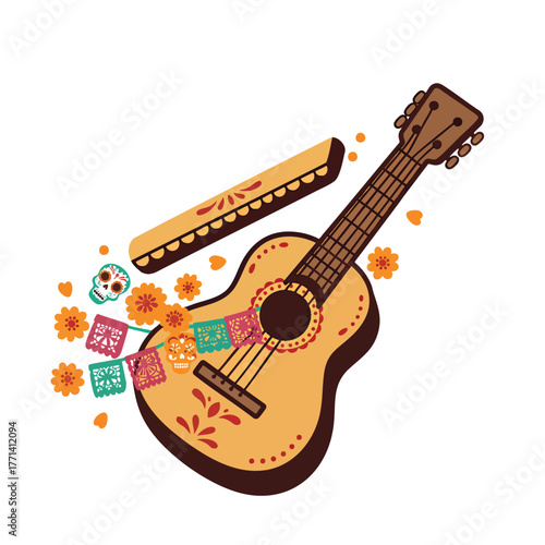 Dia de los Muertos Music and Fiesta Illustration. Vector Art with Guitar, Harmonica, Sugar Skulls, and Papel Picado