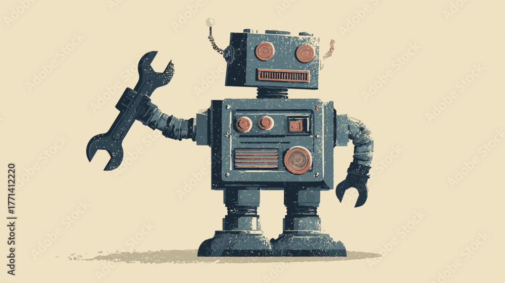 Fototapeta premium Charming Retro Robot Holding Wrench - Vintage Style AI, Automation, Machine Repair & Future Technology Illustration
