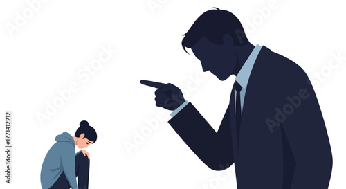 Emotional distress and conflict represented by an accusing man pointing at a deeply saddened, guilt-ridden woman, highlighting issues of blame and intimidation