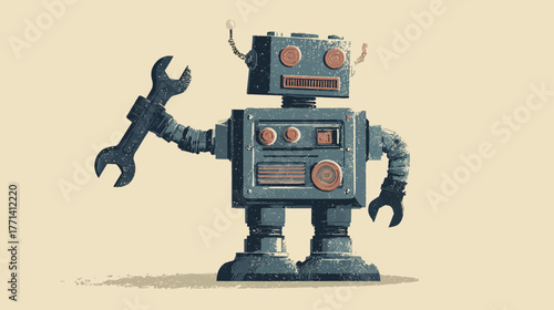 Charming Retro Robot Holding Wrench - Vintage Style AI, Automation, Machine Repair & Future Technology Illustration