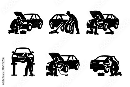 Car repair silhouettes icon ,mechanic, auto service, garage, maintenance, repairman