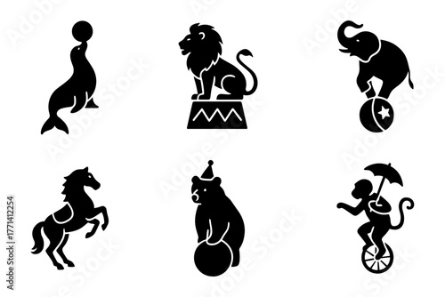 Circus animals silhouettes icon ,lion, elephant, bear, monkey, horse, seal