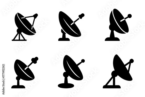 Satellite dish silhouettes icon , communication, broadcast, signal, network, space