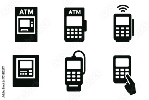 ATM and payment terminal silhouettes icon ,finance, banking, transaction, card, cash