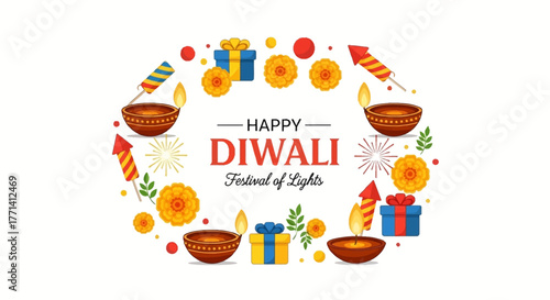 A vibrant vector illustration celebrating the Hindu festival of lights, Diwali, with a festive circular arrangement of diyas and gifts