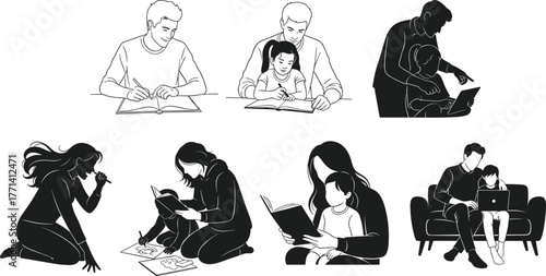 Parenting education, child learning, reading time, homework help, digital teaching, adult guidance, family bonding, study support, creative activity, literacy, tutoring, home learning,