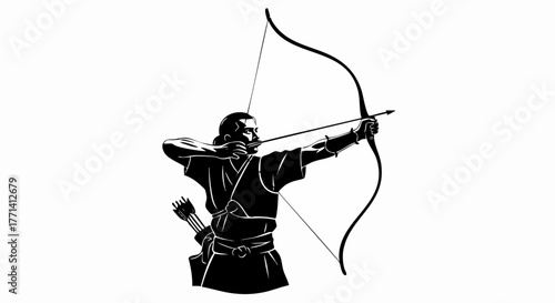 Archery Athlete Aiming with Traditional Bow. Full Body Stance and Precise Focus on Target. Sports Training, Discipline, and Concentration Concept. Vector Digital Illustration
