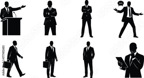 Businessman silhouette, corporate posture, leadership concept, digital device, public speaking, briefcase, authority figure, communication skills, business travel, professional behavior