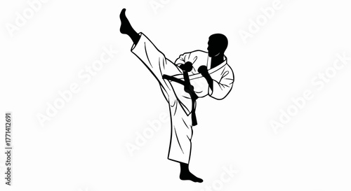Karate High Kick Pose. Martial Artist with Gi and Black Belt Performing Powerful Technique. Sports Training and Self-Defense Discipline Concept. Vector Digital Illustration