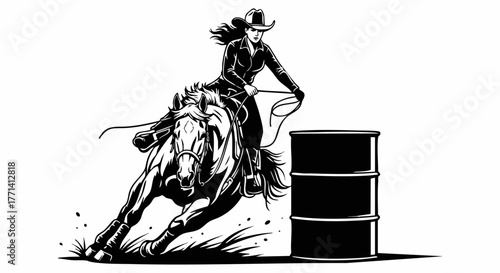 Barrel Racing Horse and Rider. Cowboy/Cowgirl Making a Sharp Turn Around the Drum with Dynamic Motion. Western Rodeo Sports Action on White Background. Equestrian Speed and Control Concept. Vector Dig