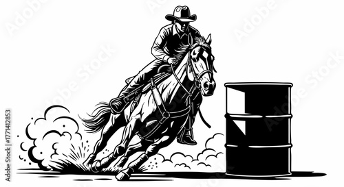 Barrel Racing Horse and Rider. Cowboy/Cowgirl Making a Sharp Turn Around the Drum with Dynamic Motion. Western Rodeo Sports Action on White Background. Equestrian Speed and Control Concept. Vector Dig