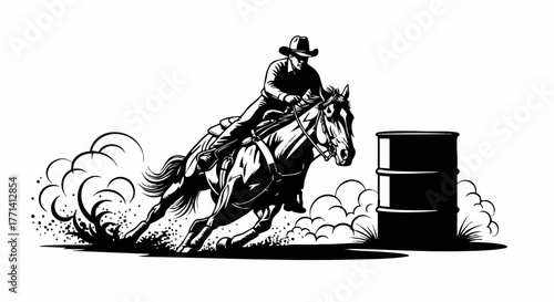 Barrel Racing Horse and Rider. Cowboy/Cowgirl Making a Sharp Turn Around the Drum with Dynamic Motion. Western Rodeo Sports Action on White Background. Equestrian Speed and Control Concept. Vector Dig