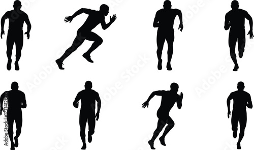 Running, sprint, athlete, silhouette, motion, speed, fitness, training, exercise, dynamic, pose, human, black, vector, graphic, sport, action, movement, isolated, clipart