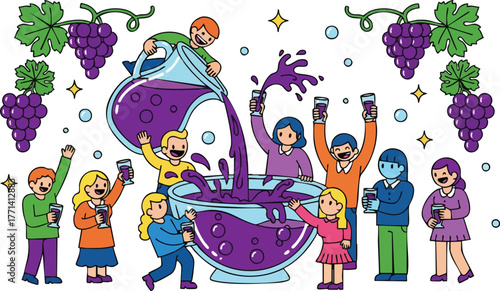 Joyful People Pouring Purple Drink into Large Bowl Celebrating Together Surrounded by Grapes and Sparkles