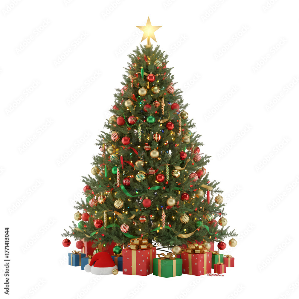 Naklejka premium Beautifully decorated christmas tree with presents underneath on a black background