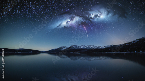 Starry Galaxy Sky Above Alpine Lake with Mountain Reflection