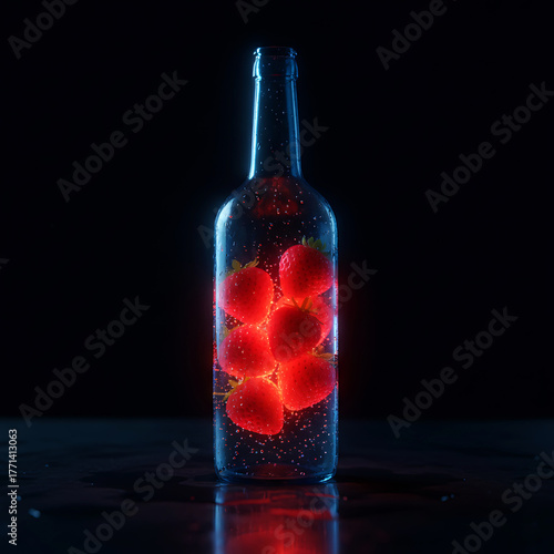 Red Strawberries Glowing Inside a Clear Glass Bottle Under Dramatic Blue and Red Lighting