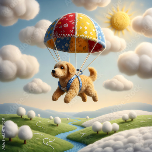 Adorable Fluffy Dog Enjoying a Peaceful Hot Air Balloon Ride Over Rolling Green Hills