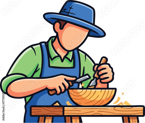 Man Wearing Blue Hat and Apron Carving a Wooden Bowl with Tools on a Workbench