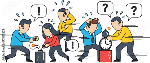 Office workers in panic with bombs and ticking clocks in stressful business meeting environment