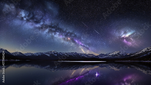 Milky Way Over Snowy Mountains and Mirror-Lake at Night