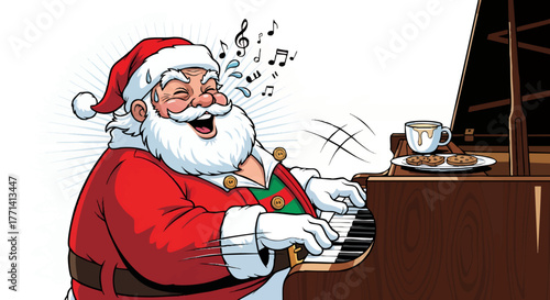 Jolly Santa Claus enthusiastically plays the grand piano, joyfully singing carols with musical notes floating around, creating a warm festive atmosphere during the holiday season
