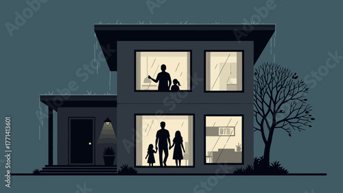 Silhouetted family inside a modern home during a rainstorm