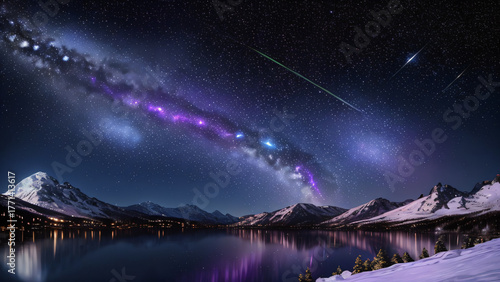 Milky Way Over Snowy Mountains and Mirror-Lake at Night