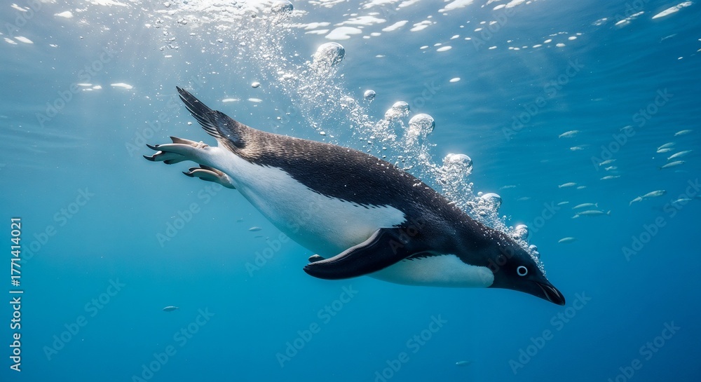 Fototapeta premium Penguin swimming underwater with bubbles and light filtering through water