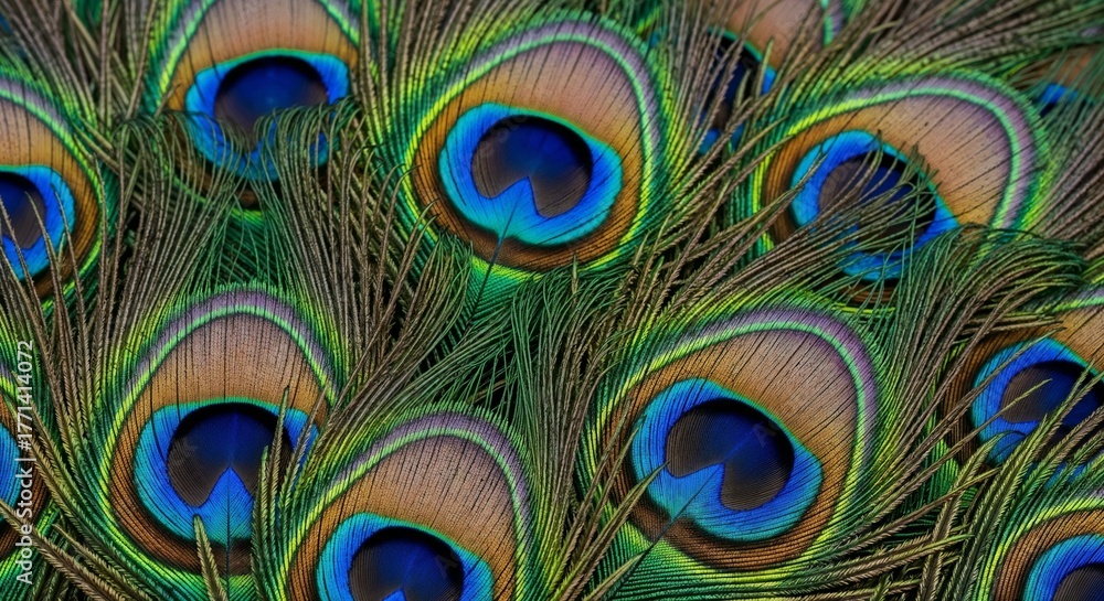 Fototapeta premium Close up of vibrant peacock feathers with intricate eye patterns