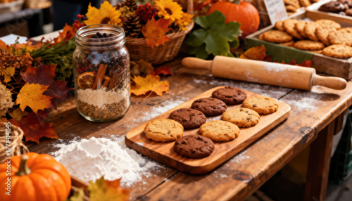 Assorted cookies on rustic autumn table in warm browns dessert display