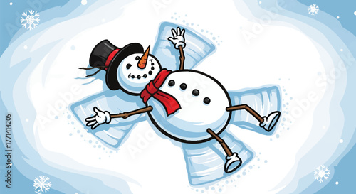 A cheerful snowman lies in fresh snow, making a playful snow angel.