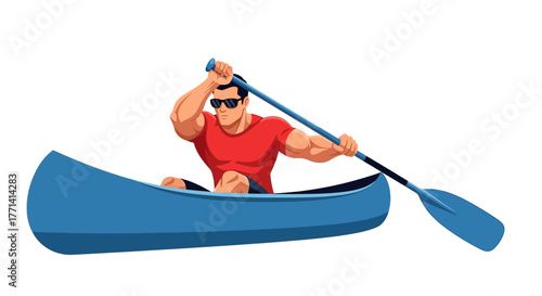 Man Rowing a Canoe Adventure on the Water, Sports and Recreation