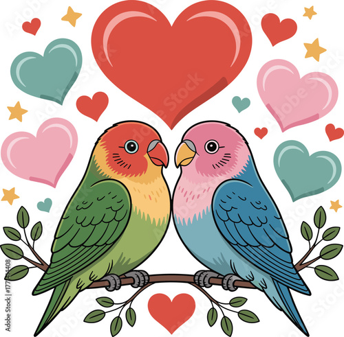 Charming Lovebirds Perched Together Surrounded by Hearts and Stars Symbolizing Romance and Affection for Valentine's Day or Wedding Celebrations