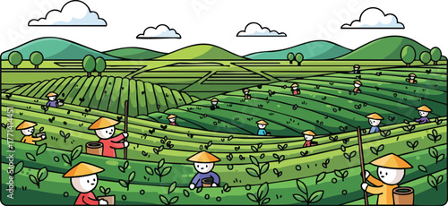 Pixel Art Farmers Harvesting Green Tea Plants on Rolling Hills Under a Cloudy Sky