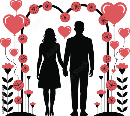 Romantic Couple Holding Hands Under a Heart Archway Adorned with Balloons and Flowers Celebrating Love and Togetherness