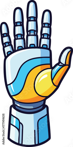 Pixel Art Robotic Hand Open Palm Showing Five Fingers In Blue White Yellow And Gray Colors