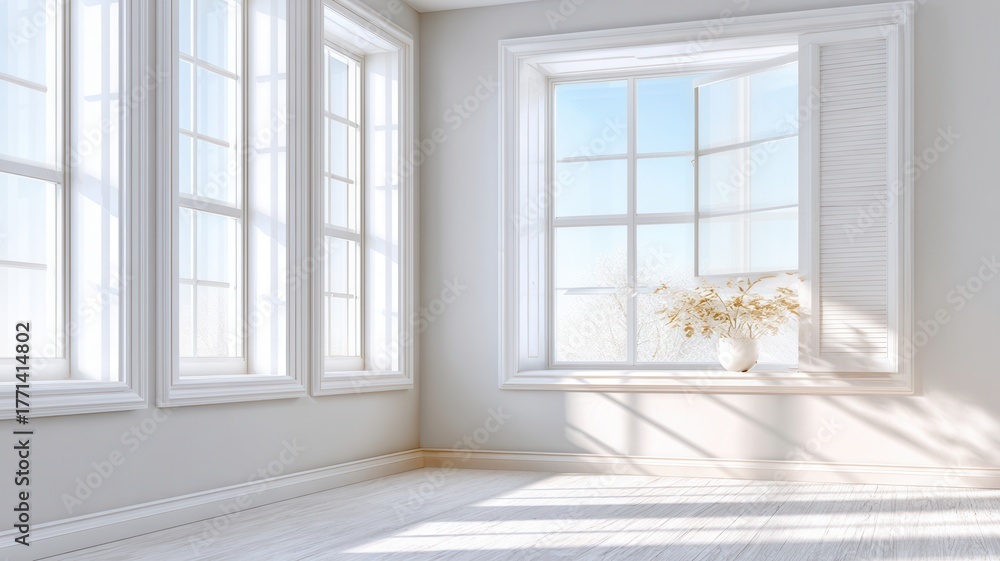 Fototapeta premium Minimalist interior design featuring an empty room corner, large windows casting sunlight onto a light wood atmosphere bright creating floor,