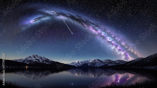 Cosmic Nightscape: Mountain Peaks & Milky Way Reflected on Lake