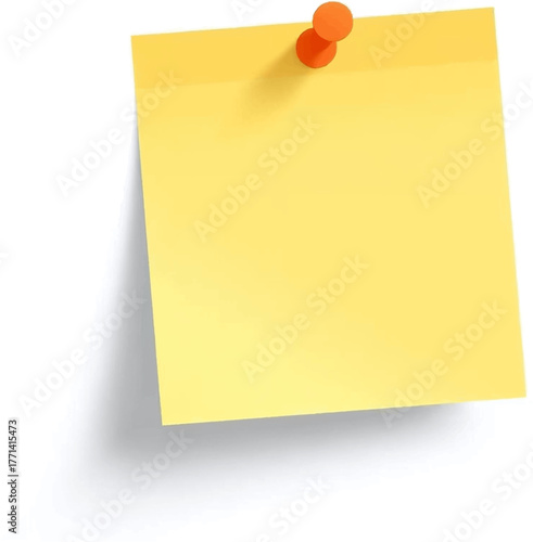 A blank yellow sticky note pinned to a white surface, offering space for messages, reminders, or creative ideas, with a vibrant orange push pin.