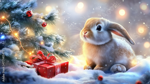 A Christmas bunny under the Christmas tree with a New Year's gift