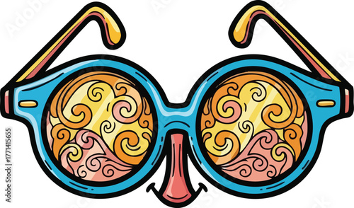 Retro Blue Eyeglasses With Swirling Orange Yellow Patterned Lenses and Pink Nose Accent